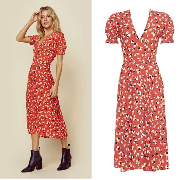 Faithfull the Brand Dresses & Skirts - Faithfull The Brand Dress Women Small Red Ari Midi Floral Puff Sleeve Button
